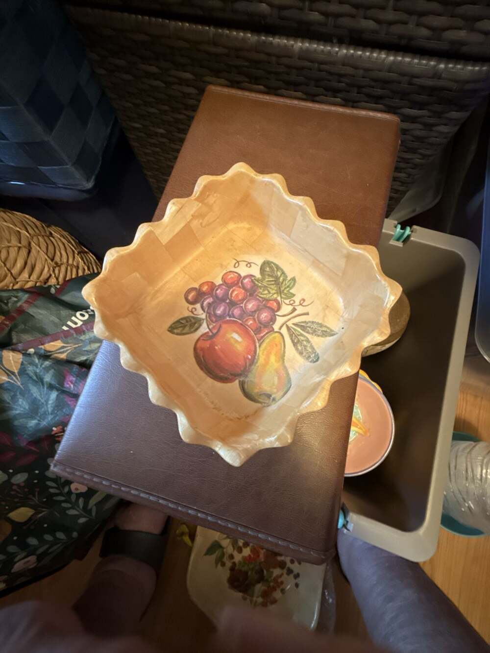Vintage Wooden Woven Fruit Bowl Scalloped Edge